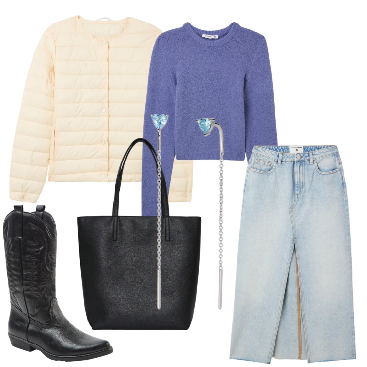 Outfit donna - Natale casual. Stile Casual per Tutti i giorni. Abbinamento con orecchini, gonne lunghe, borse tote, maglieria, stivali, piumini.