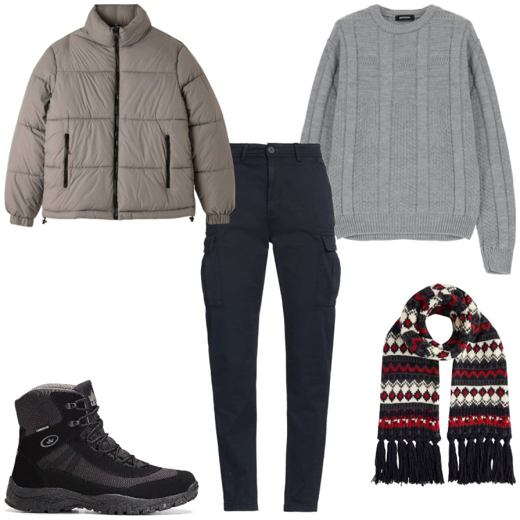 Outfit uomo - City low cost. Stile Urban per Tutti i giorni. Abbinamento con stivali e stivaletti, pantaloni cargo, piumini, pullovers, sciarpe.