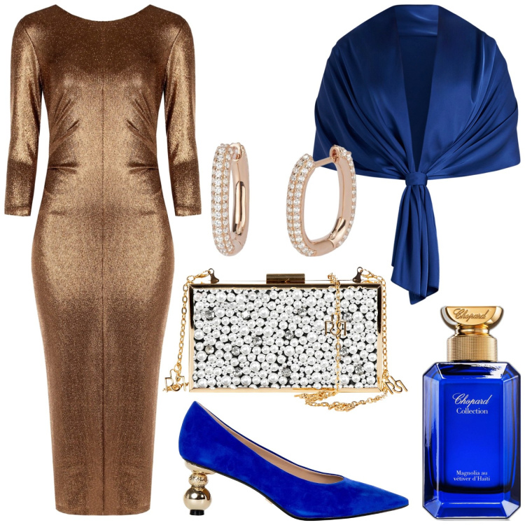 Outfit donna - Illumina la festa!. Stile Glamour per Cerimonia. Abbinamento con profumi, orecchini, vestiti, décolleté, pochette, scialli.