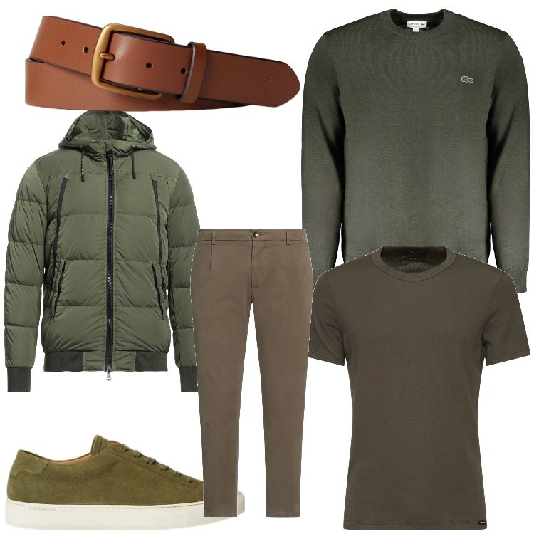 Outfit uomo - Colori di fine autunno. Stile Casual per Tutti i giorni. Abbinamento con pantaloni chino, piumini, cinture, sneakers, t-shirt, maglieria.