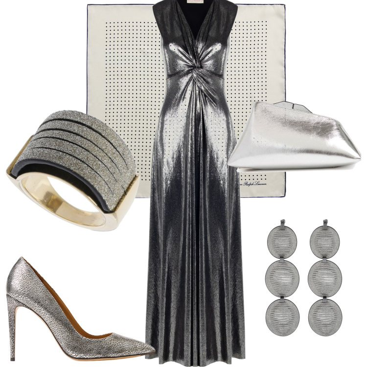 Outfit donna - Festive glam. Stile Chic per Serata fuori. Abbinamento con vestiti lunghi, foulard, décolleté, anelli, pochette, orecchini.