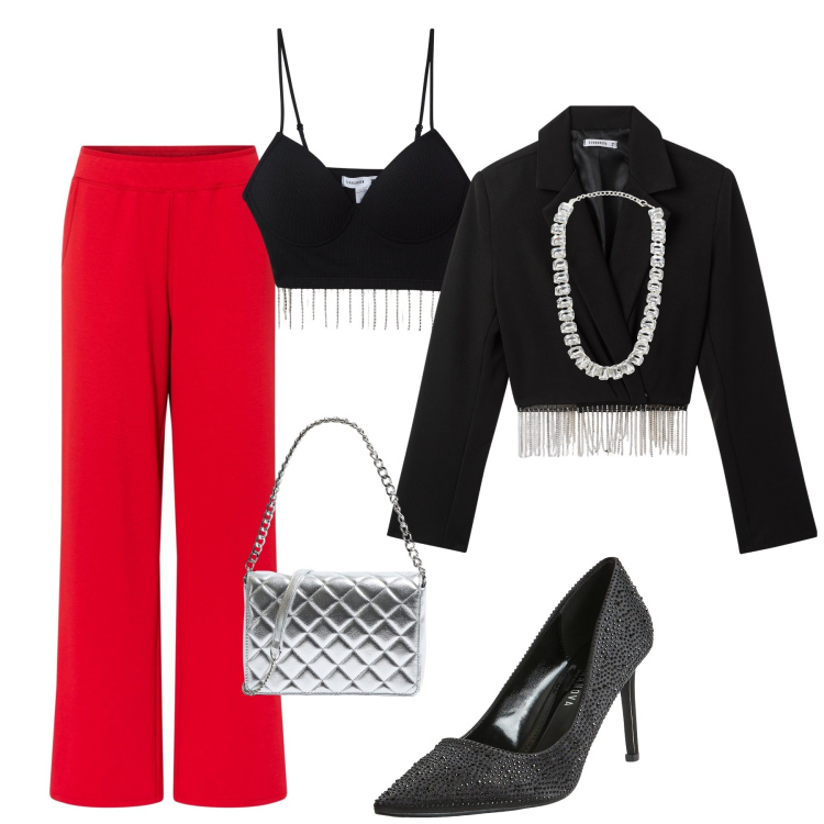 Outfit donna - Feste scintillanti. Stile Sexy per Serata fuori. Abbinamento con pantaloni a palazzo, décolleté, blazer, borse a tracolla, collane, top.