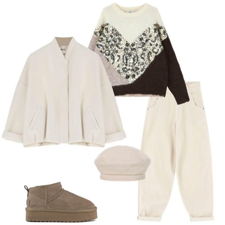 Outfit donna - Dixie. Stile Casual chic per Tutti i giorni. Abbinamento con maglieria, bomber, cappelli e berretti, pantaloni, stivaletti.