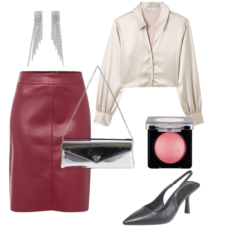 Outfit donna - Raffinato low-cost. Stile Chic per Serata fuori. Abbinamento con gonne longuette, blush, camicie, décolleté, pochette, orecchini.