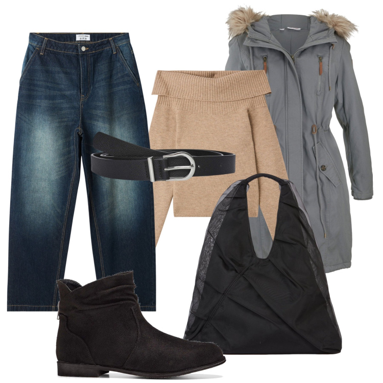 Outfit donna - Total look #2019456. Stile Basic per Scuola/Università. Abbinamento con stivaletti, parka, cinture, maglieria, jeans, shopping bag.