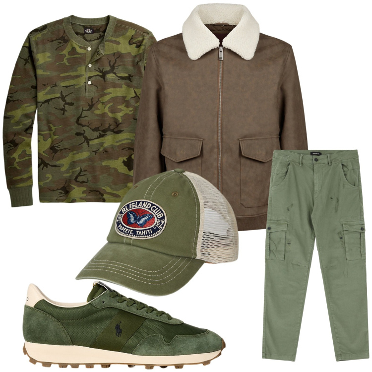 Outfit uomo - Camouflage. Stile Trendy per Tutti i giorni. Abbinamento con pantaloni chino, sneakers, t-shirt, cappelli, giacche.