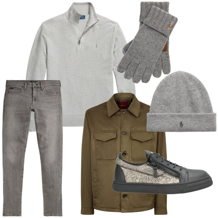Outfit uomo - Sinfonia di grigio e verde. Stile Urban per Ufficio. Abbinamento con sneakers, guanti, jeans, maglieria, berretti, giacche.