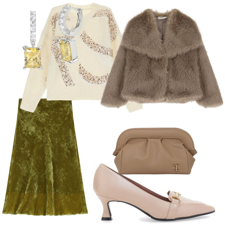 Outfit donna - Dixi holiday. per Tutti i giorni. Abbinamento con orecchini, borse a mano, ecopellicce, maglieria, gonne lunghe, décolleté.