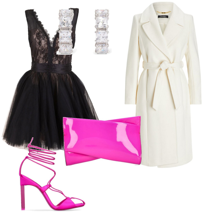 Outfit donna - Festive glam. per Serata fuori. Abbinamento con vestiti, cappotti, pochette, décolleté, orecchini.