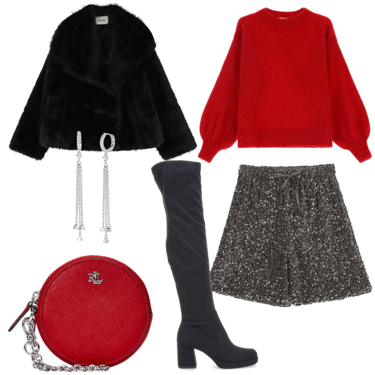 Outfit donna - Dixie holiday 2024. Stile Sexy per Serata fuori. Abbinamento con orecchini, minigonne, maglieria, ecopellicce, pochette, stivali.