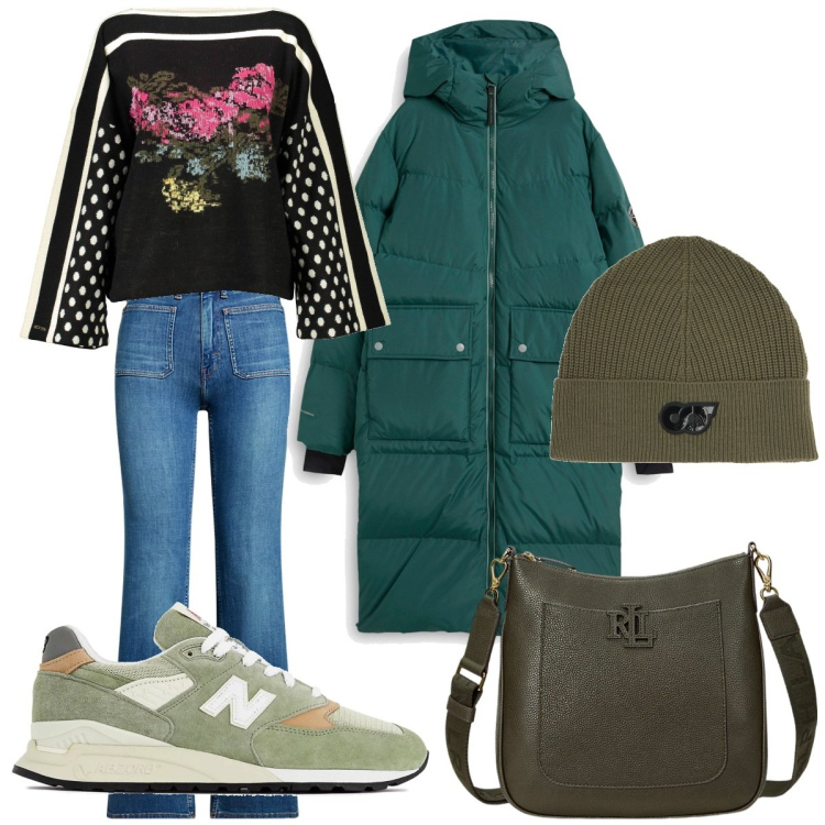 Outfit donna - Total look. Stile Casual chic per Tutti i giorni. Abbinamento con piumini, sneakers, borse a tracolla, jeans bootcut, maglieria, berretti.
