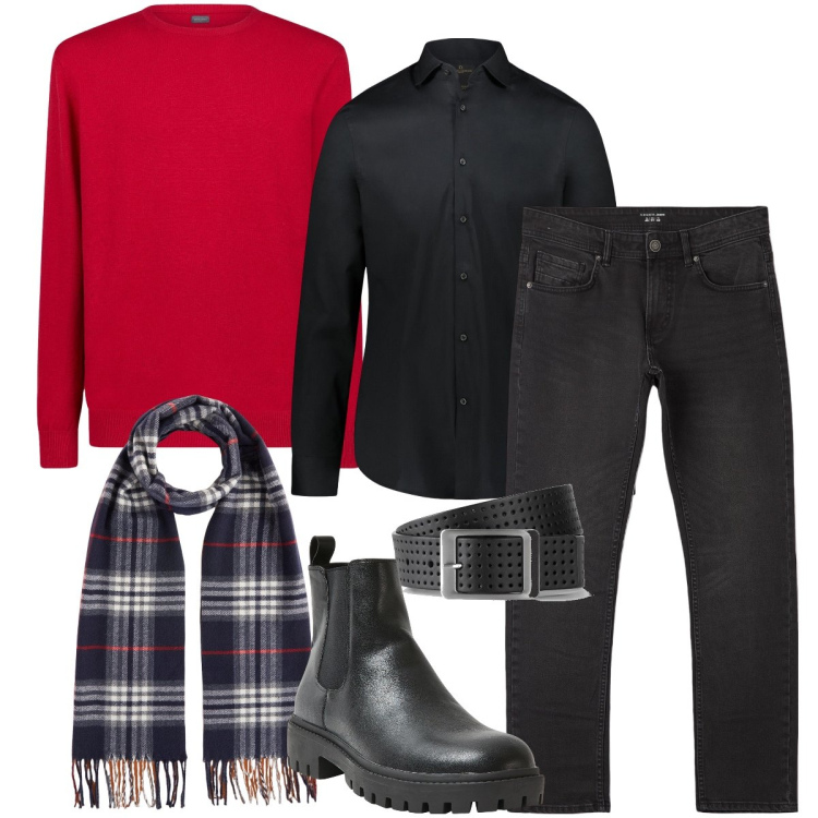 Outfit uomo - Il rosso che stacca. Stile Business/Elegante per Serata speciale. Abbinamento con cinture, stivali e stivaletti, jeans dritti, camicie, maglieria, sciarpe.