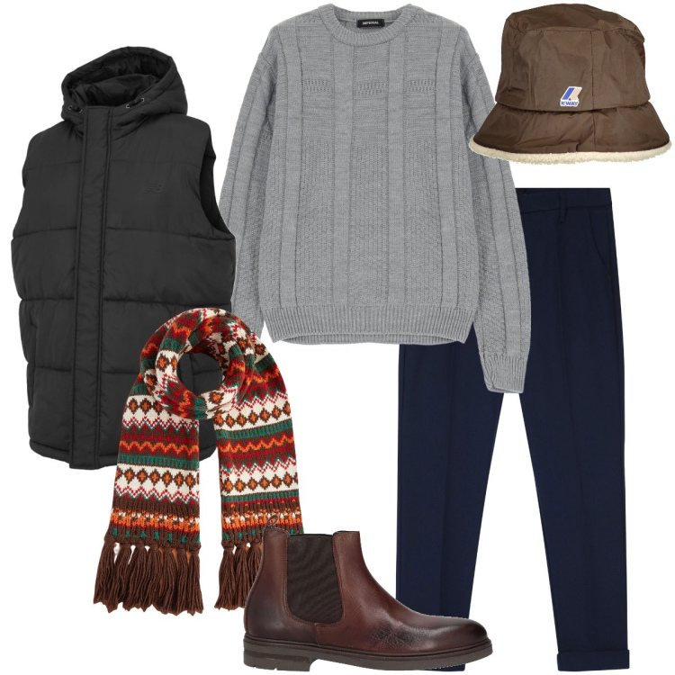 Outfit uomo - Accessori marroni. Stile Urban per Ufficio. Abbinamento con stivali e stivaletti, gilet, pantaloni chino, pullovers, sciarpe, cappelli.