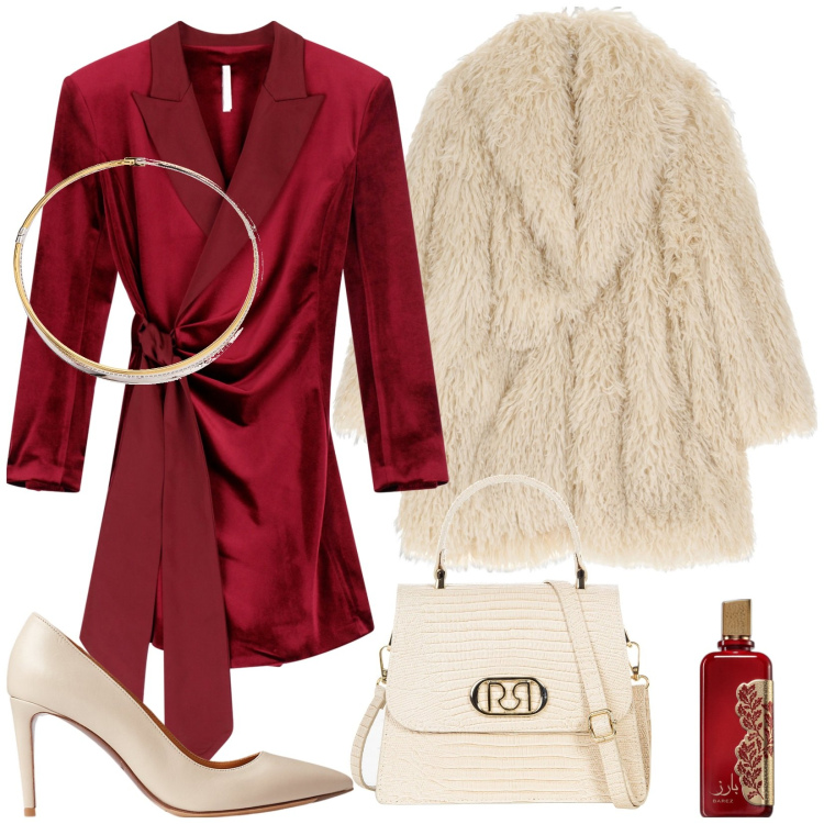 Outfit donna - Red velvet. Stile Glamour per Serata fuori. look ideale per Tall. Abbinamento con profumi, borse a mano, vestiti corti, cappotti, décolleté, collane.