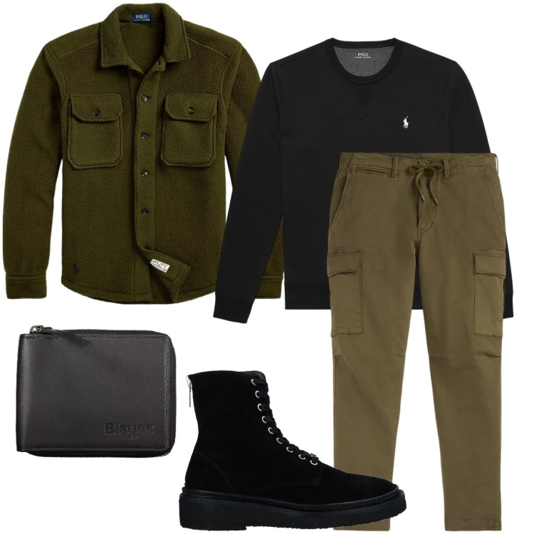 Outfit uomo - Verde e nero. Stile Trendy per Serata speciale. Abbinamento con stivali e stivaletti, felpe, pantaloni cargo, giacche, portafogli.