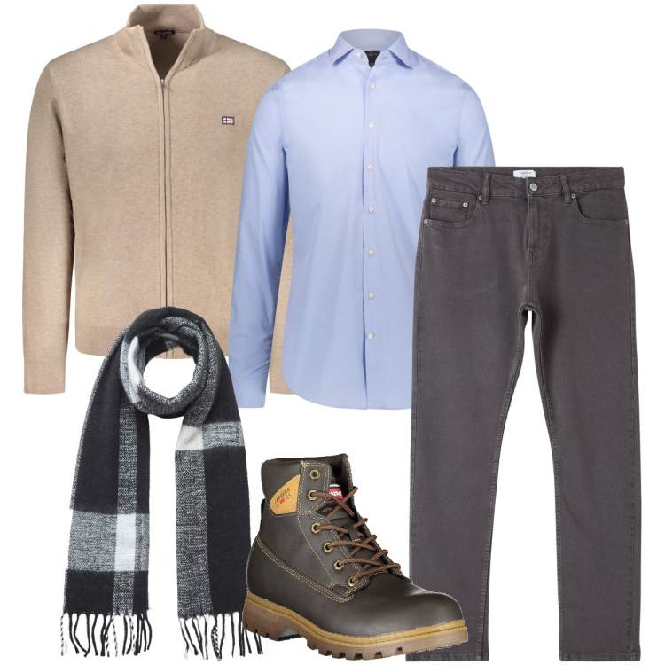 Outfit uomo - Casual con la camicia. Stile Casual per Ufficio. Abbinamento con sciarpe, pantaloni, camicie, cardigans, stivali.