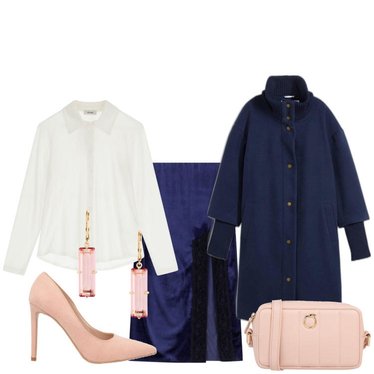 Outfit donna - Dress code blu. Stile Bon Ton per Serata fuori. Abbinamento con cappotti, décolleté, borse a tracolla, camicie, gonne longuette, orecchini.