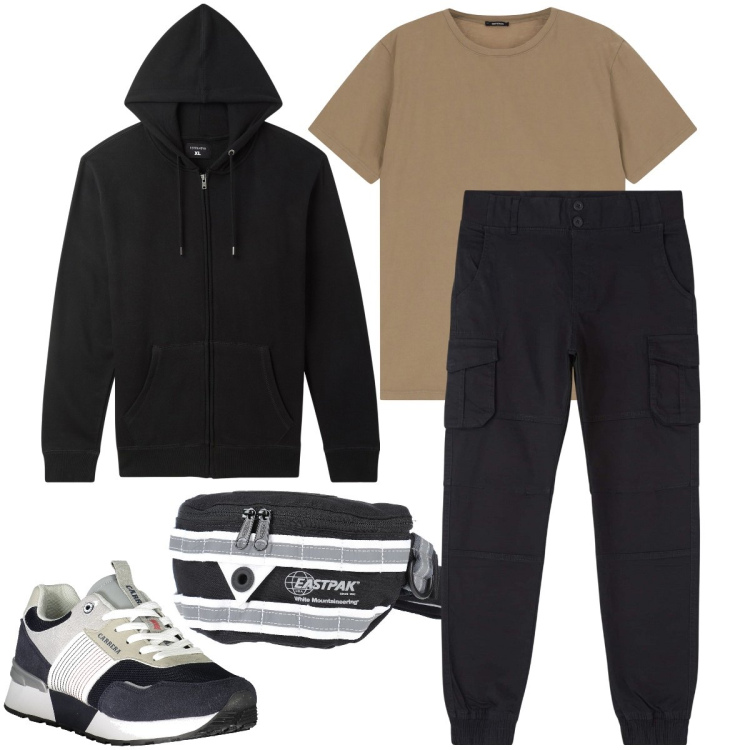Outfit uomo - Il completo sportivo. Stile Casual per Sport. Abbinamento con borse sportive, felpe con cappuccio, pantaloni cargo, t-shirt, sneakers.