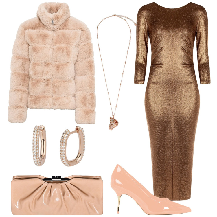 Outfit donna - Festive glam. Stile Glamour per Serata fuori. Abbinamento con ecopellicce, orecchini, vestiti, décolleté, pochette, ciondoli.