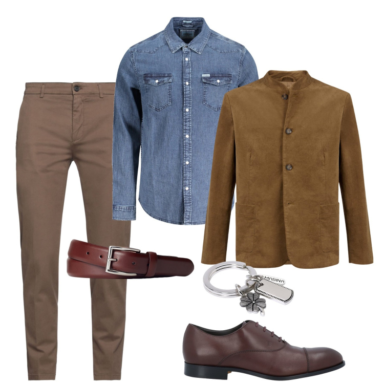 Outfit uomo - Il portachiavi quadrifoglio. Stile Casual per Ufficio. Abbinamento con pantaloni, scarpe stringate, portachiavi, cinture, giacche, camicie.