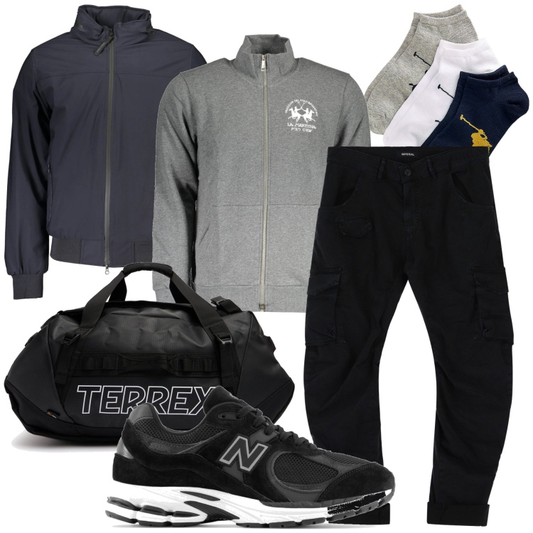 Outfit uomo - Vado in piscina. Stile Casual per Sport. Abbinamento con sneakers, pantaloni cargo, calzini, giacche, felpe, borse sportive.