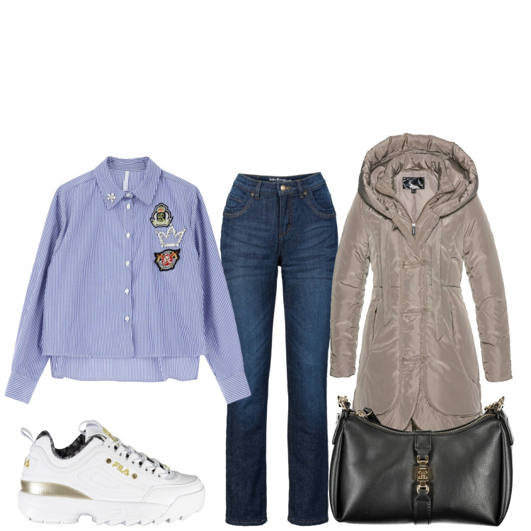 Outfit donna - Al raduno di moto. Stile Basic per Tutti i giorni. Abbinamento con blazer, jeans dritti, camicie, sneakers, borse a tracolla.