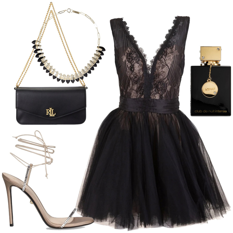 Outfit donna - Christmas time. Stile Glamour per Serata fuori. Abbinamento con profumi, vestiti, borse a spalla, collane, sandali col tacco.
