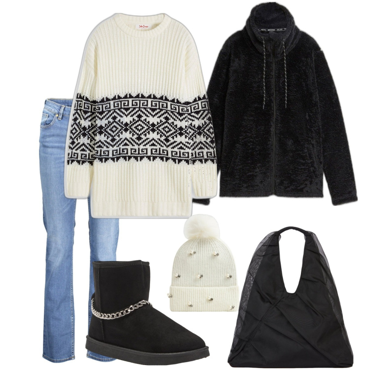 Outfit donna - Black Comfort. Stile Casual per Tutti i giorni. Abbinamento con blazer, maglieria, berretti, stivaletti, jeans, shopping bag.