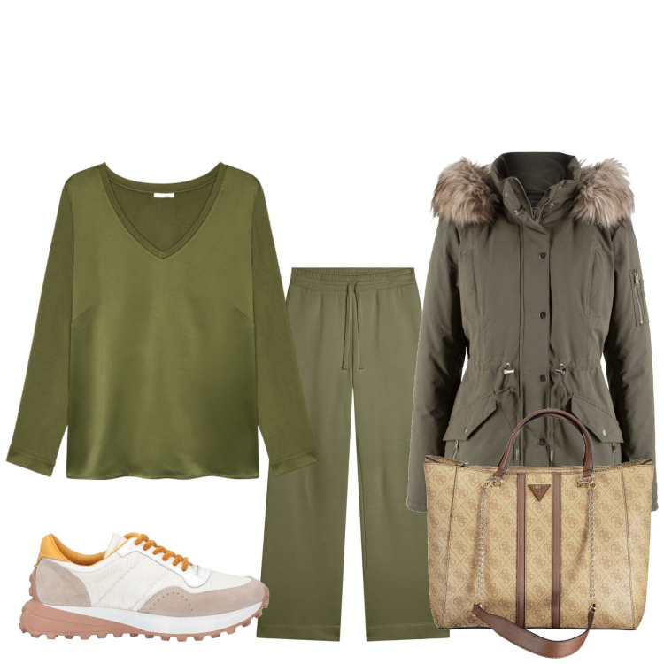 Outfit donna - Ma che freddo fa. Stile Basic per Tutti i giorni. Abbinamento con parka, sneakers, pantaloni, borse a spalla, t-shirt.