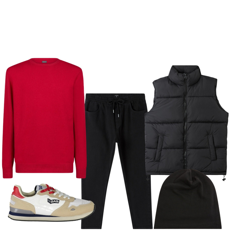 Outfit uomo - Natale mite. Stile Urban per Tutti i giorni. Abbinamento con piumini, berretti, pantaloni, maglieria, sneakers.