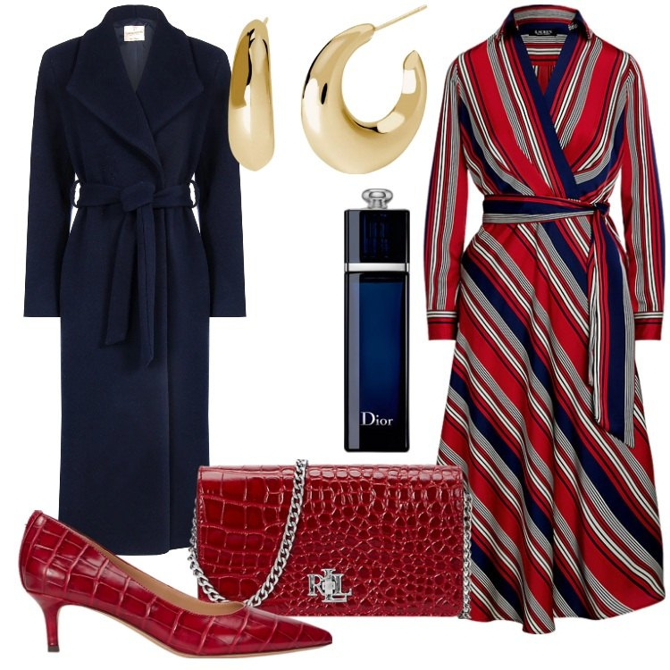 Outfit donna - Eleganza avvolgente - Focus Donna Curvy. Stile Chic per Serata fuori. Abbinamento con profumi, orecchini, cappotti, borse a mano, vestiti, décolleté.