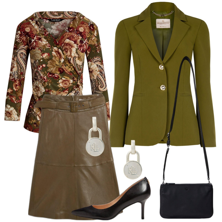 Outfit donna - Total look #2019567. Stile Chic per Serata fuori. Abbinamento con gonne, blazer, orecchini, décolleté, borse a tracolla, top.