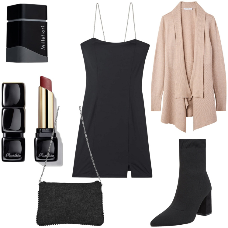 Outfit donna - Serata Terranova. Stile Sexy per Serata fuori. Abbinamento con profumi, rossetti, cardigans, vestiti corti, stivaletti, borse a tracolla.