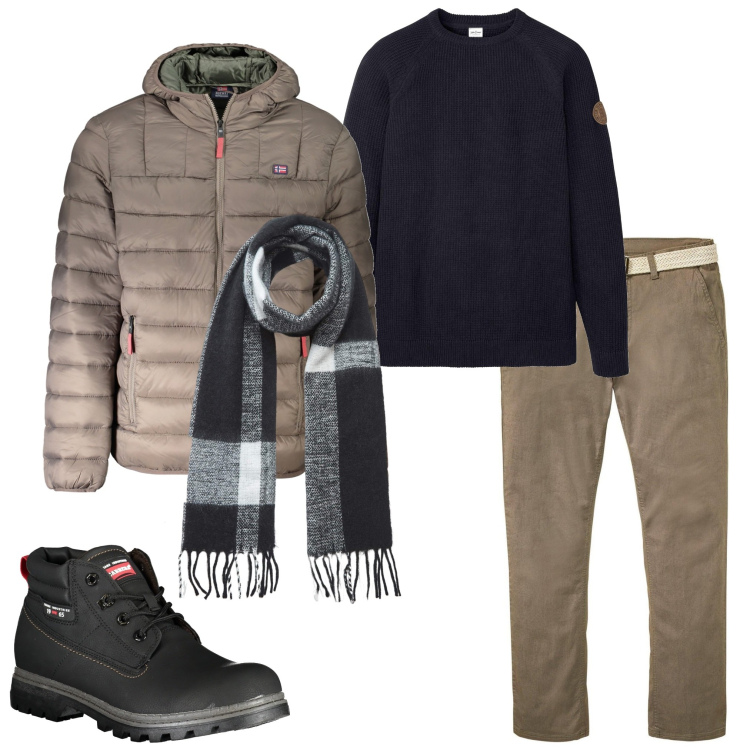 Outfit uomo - In città. Stile Urban per Tutti i giorni. Abbinamento con pantaloni chino, maglieria, sciarpe, giacche, stivali.