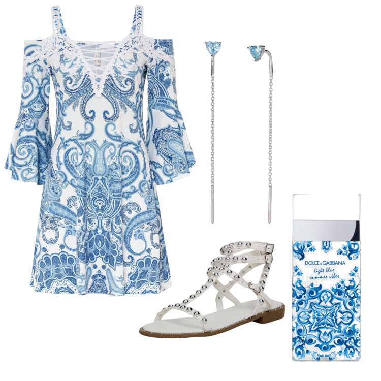 Outfit donna - Il mare della Grecia. Stile Etnico per Tutti i giorni. Abbinamento con vestiti, profumi, sandali, orecchini.