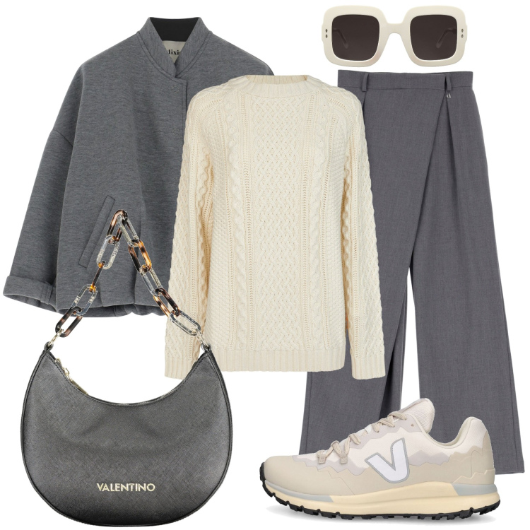 Outfit donna - Grigio e panna. Stile Basic per Tutti i giorni. Abbinamento con occhiali da sole, pantaloni, bomber, maglieria, borse a spalla, sneakers.