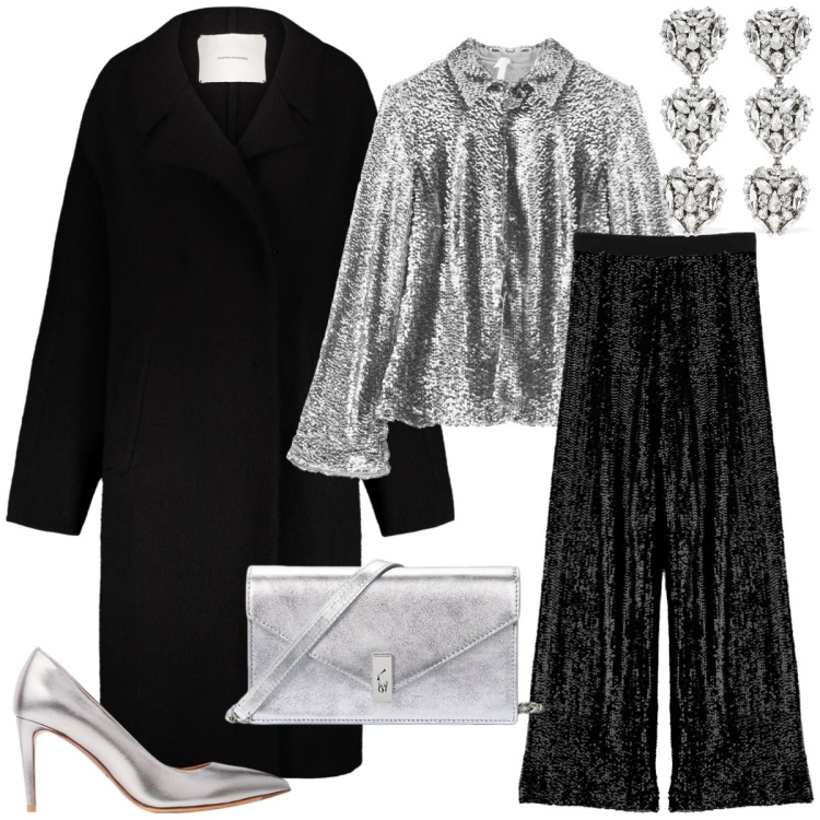 Outfit donna - Total look #2019580. Stile Glamour per Serata fuori. Abbinamento con camicie, pantaloni, décolleté, clutch, cappotti, orecchini.