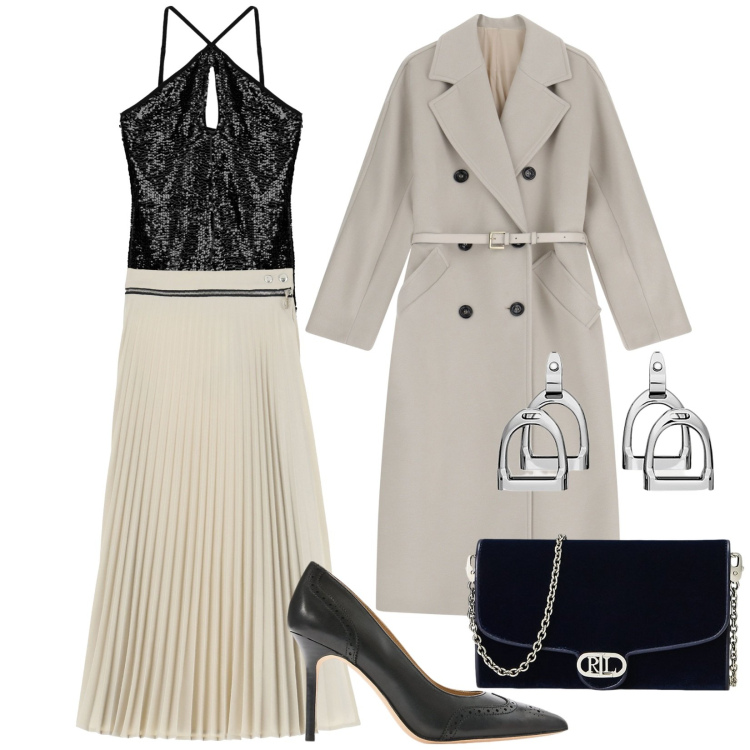Outfit donna - Paillettes. Stile Glamour per Cerimonia. look ideale per Tall. Abbinamento con top, cappotti, gonne, orecchini, décolleté, borse a tracolla.