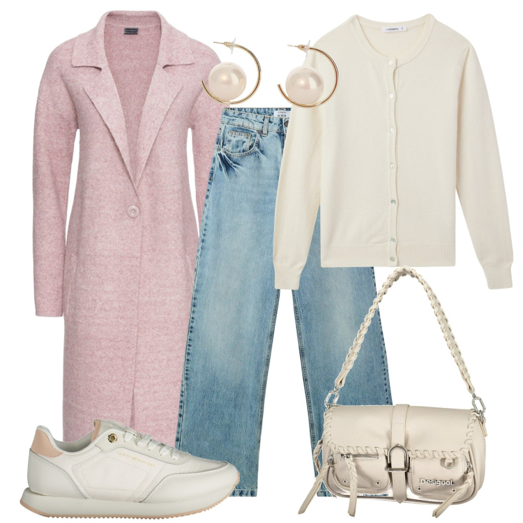 Outfit donna - Cappottino rosa. Stile Urban per Tutti i giorni. Abbinamento con cappotti, jeans, cardigans, orecchini, borse a spalla, sneakers.