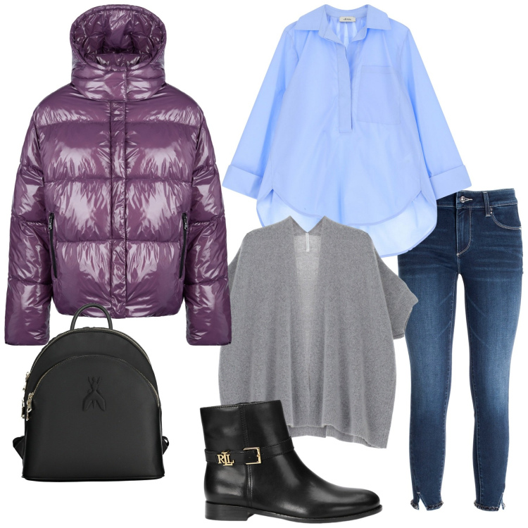 Outfit donna - Total look #2019593. Stile Basic per Tutti i giorni. Abbinamento con cardigans, jeans skinny, camicie, stivaletti, blazer, zaini.