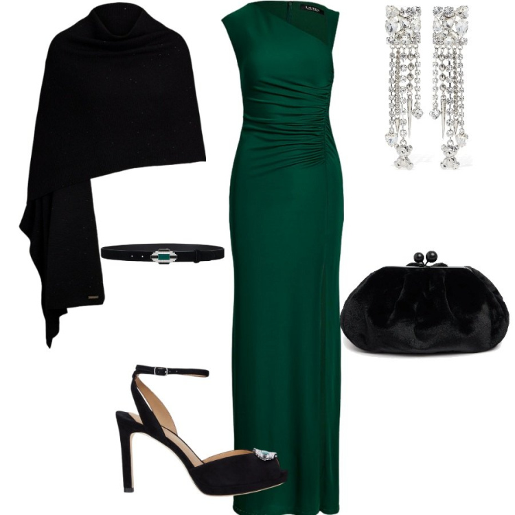 Outfit donna - Semplice eleganza. Stile Chic per Cerimonia. Abbinamento con cinture, sandali gioiello, sciarpe, vestiti asimmetrici, orecchini, pochette.