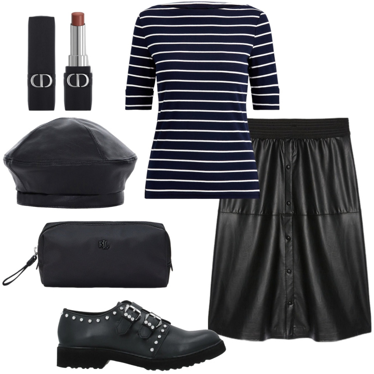 Outfit donna - Parigina. Stile Casual chic per Tutti i giorni. Abbinamento con mocassini, rossetti, cappelli e berretti, maglieria, pochette, gonne lunghe.