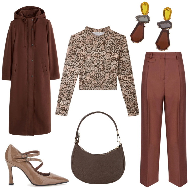 Outfit donna - Festa, eleganza e femminilità. Stile Glamour per Serata fuori. Abbinamento con cappotti, t-shirt, borse a spalla, orecchini, décolleté, pantaloni.