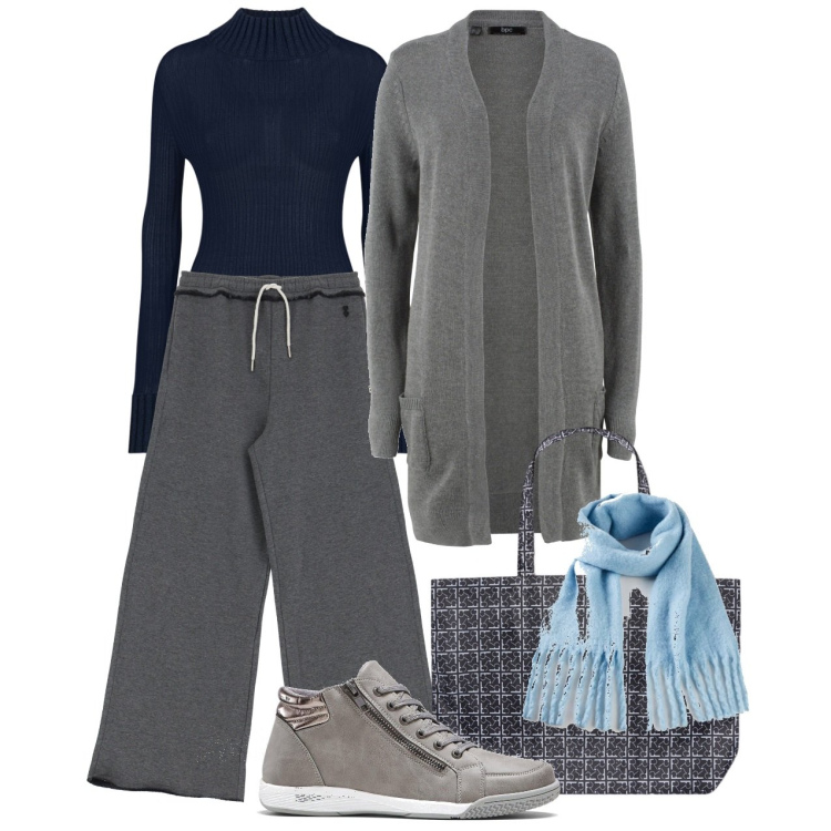Outfit donna - Natale non convenzionale - @ste71. Stile Basic per Tutti i giorni. Abbinamento con cardigans, sneakers alte, sciarpe, pantaloni a palazzo, shopping bag, maglieria.
