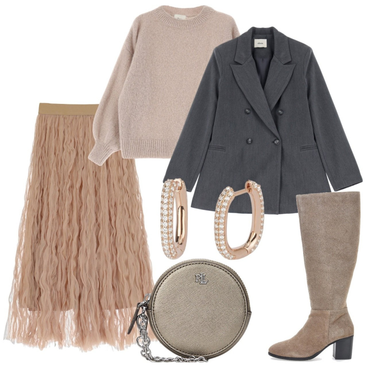 Outfit donna - Dixie HOLIDAY EDIT 2024: City of Angels. Stile Glamour per Tutti i giorni. Abbinamento con orecchini, gonne lunghe, blazer, maglieria, pochette, stivali.