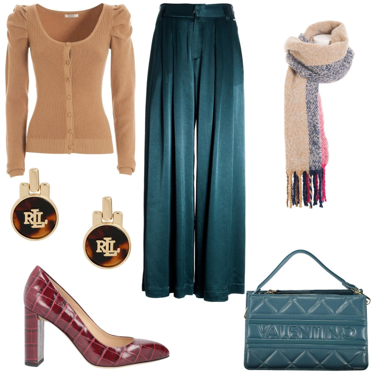 Outfit donna - Verde nocciola e bordeaux. Stile Chic per Tutti i giorni. Abbinamento con décolleté, pantaloni a palazzo, cardigans, sciarpe, orecchini, borse a spalla.