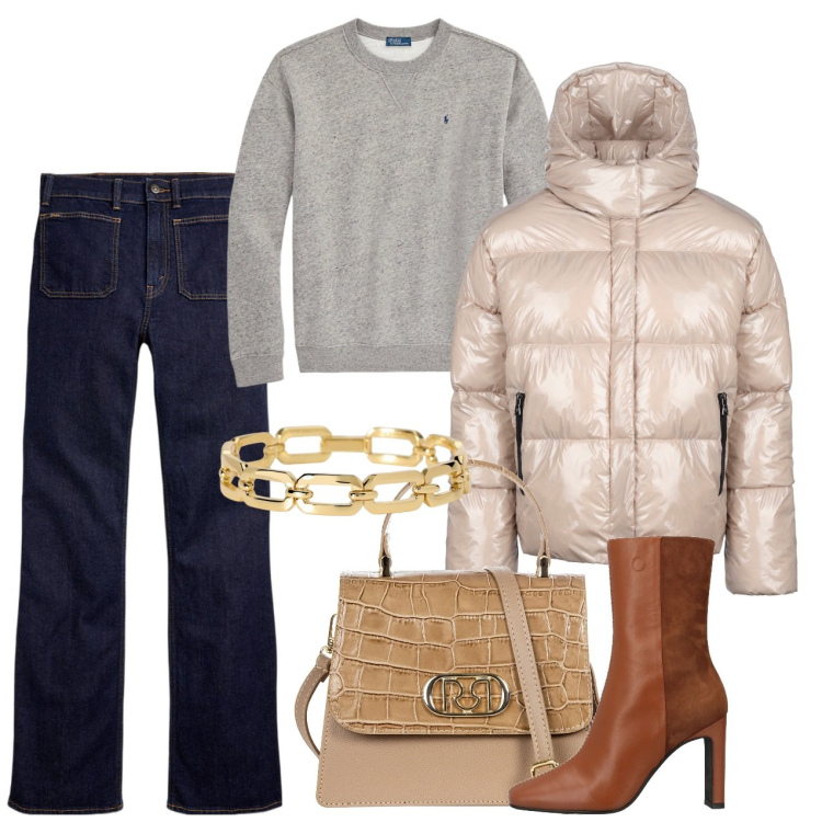 Outfit donna - Tocco glam. Stile Casual chic per Tutti i giorni. Abbinamento con stivaletti, braccialetti, borse a mano, pullovers, jeans bootcut, blazer.