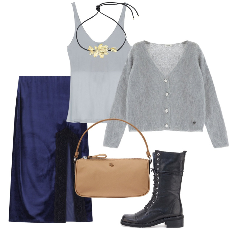 Outfit donna - Dixie HOLIDAY EDIT 2024: City of Angels. Stile Romantica per Serata fuori. Abbinamento con gonne longuette, cardigans, collane, canottiere, pochette, anfibi.