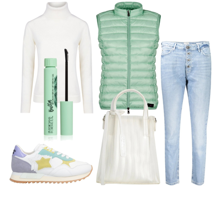 Outfit donna - Total look #2019610. Stile Casual per Tutti i giorni. Abbinamento con sneakers, borse a mano, mascara, piumini, maglieria, jeans skinny.