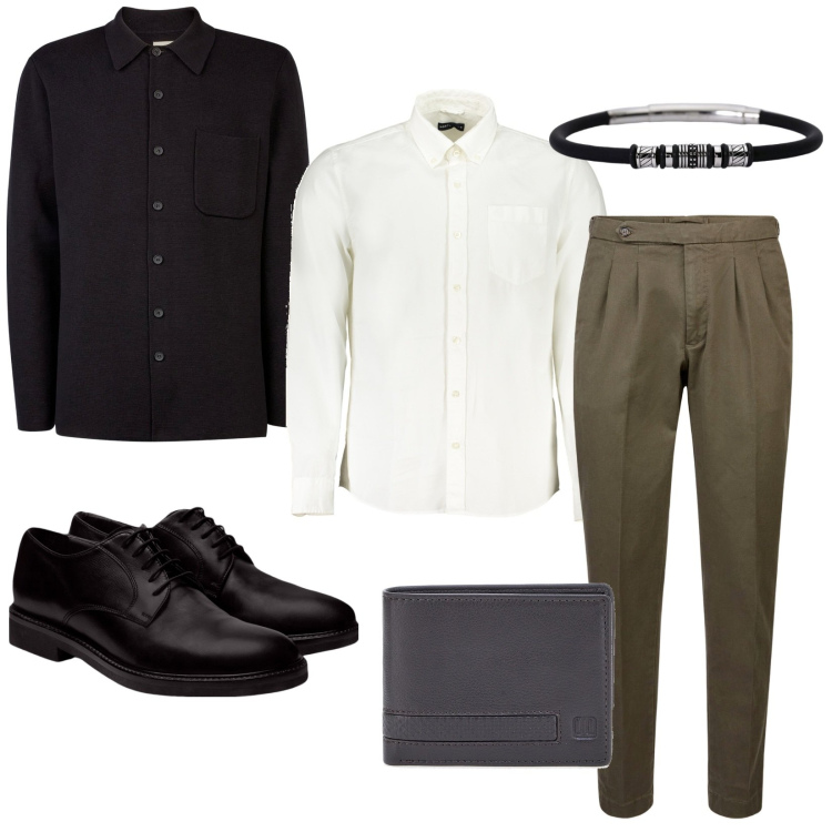 Outfit uomo - Total look #2019611. Stile Business/Elegante per Ufficio. Abbinamento con braccialetti, scarpe stringate, portafogli, cappotti, pantaloni, camicie.